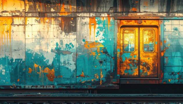 Weathered Vintage Train Car with Peeling Teal and Orange Paint, Industrial Grunge Background with Large Copy Space for Text