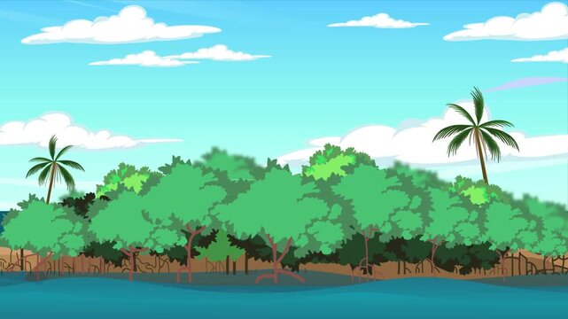 Lush Tropical Mangrove Forest Growing Along Coastal Shoreline with Calm Seawater Showcasing Natural Coastal Ecosystem and Biodiversity Animation.