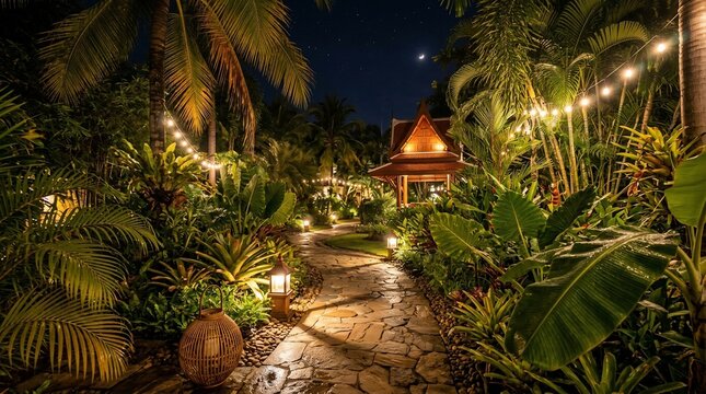 Tropical garden pathway illuminated by string lights at night