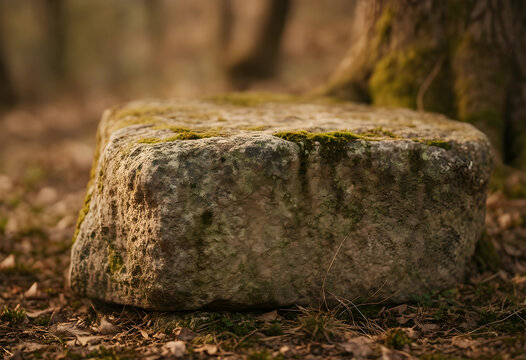 Ancient moss-covered keystone stone outdoors in forest