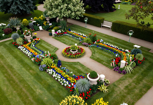 aerial view of a formal garden with colorful flower beds and manicured lawns