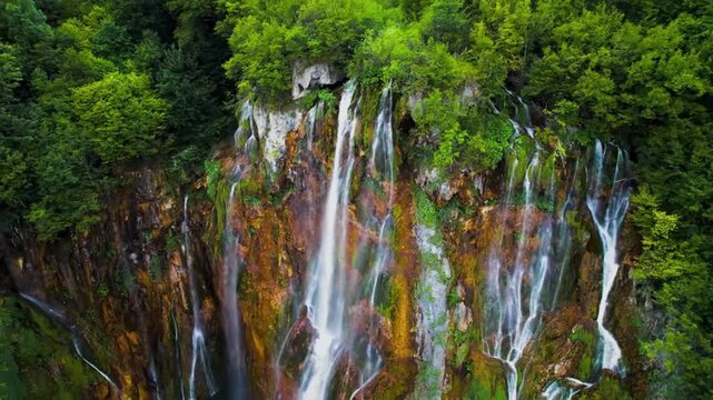 Aerial View of Plitvice Lakes Waterfalls in Lush Green Forest