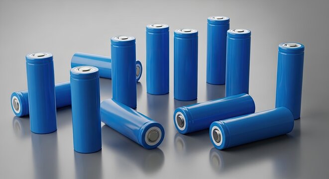 Multiple blue lithium ion batteries on gray reflective surface