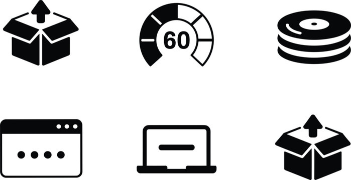 Vector icon set of digital data storage server, computer software laptop interface, shipping delivery box elements