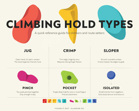 Climbing hold types for indoor and outdoor rock walls.