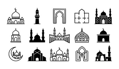 Islamic mosque architecture icon vector set with minaret crescent moon dome and oriental pattern gate elements isolated on white background for ramadan celebration design © Mdanowrul