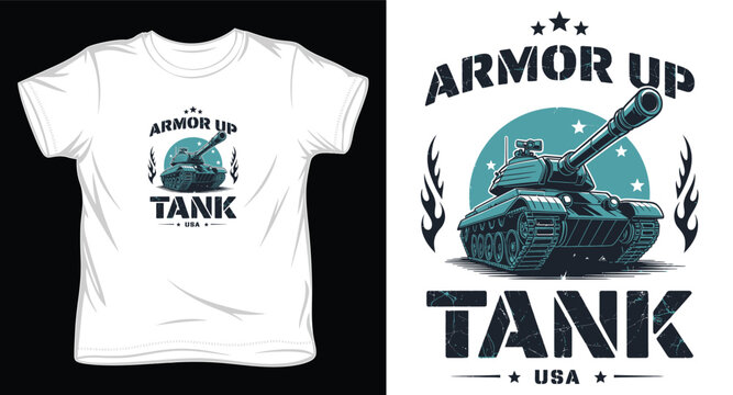 Armor up tank usa t-shirt design concept with military vehicle illustration.