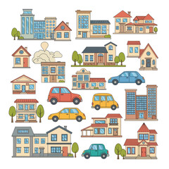 Naklejka premium Cartoon City Buildings and Cars Illustration Set