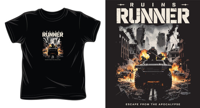 Ruins runner t-shirt graphic print design with armored vehicle and soldiers in destroyed city landscape.