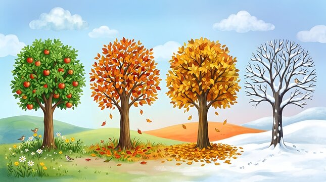 Seasonal transition illustrating the first day of winter and the cycle of four seasons