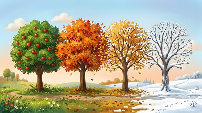 The first day of winter a scenic illustration of trees through all four seasons