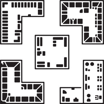 Abstract architectural plans of buildings on checkered background.