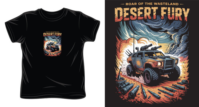 Desert fury t-shirt print featuring heavy armored combat truck driving through burning wasteland with ammunition.