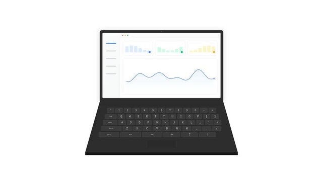 Modern laptop computer displaying business analytics dashboard with financial charts and graphs on white background