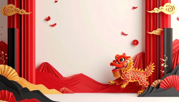 Chinese New Year Background with Traditional Red Lion Dance, Paper-cut Mountains, and Golden Clouds Featuring Ample Copy Space for Festive Greetings