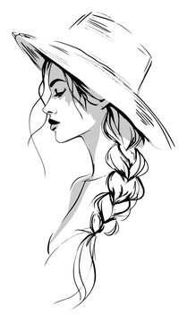 Line art vector illustration of a beautiful woman in profile wearing a wide-brimmed sun hat, featuring a long braided hairstyle with loose strands, isolated on a clean white background.
