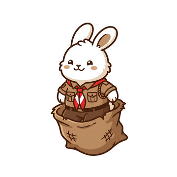 Cute Bunny in Pramuka Scout Uniform Playing Sack Race