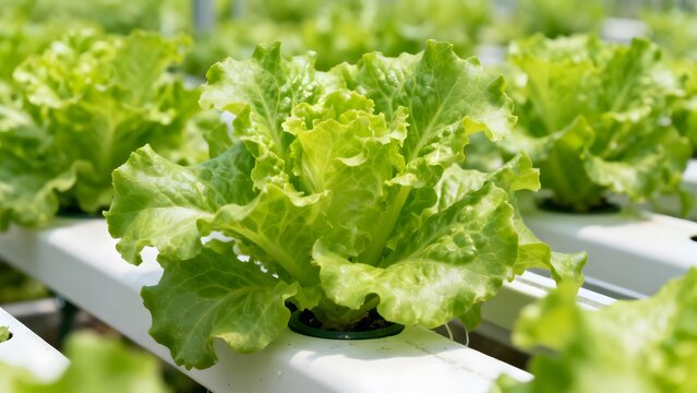Close Up of Fresh Hydroponic Lettuce in Greenhouse System