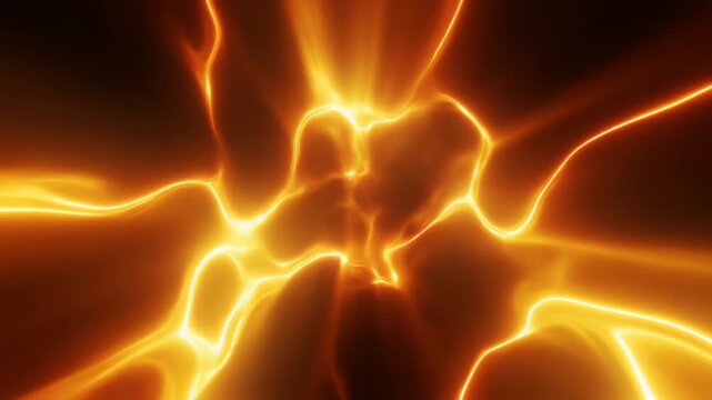 Glowing golden electrical energy branches through a dark abstract background, forming a network of fiery plasma lines and luminous cracks with intense orange light.