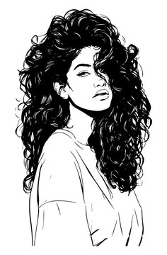 Stylish line art vector illustration of a beautiful young woman with voluminous long curly hair, featuring clean ink sketch lines and modern aesthetic isolated on a white background.