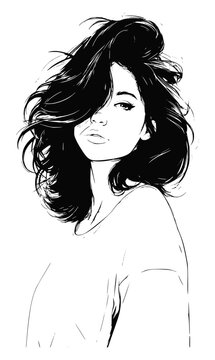 Stylish line art vector illustration of a beautiful young woman with tousled shoulder-length dark wavy hair, drawn in a modern aesthetic ink sketch style isolated on a white background.