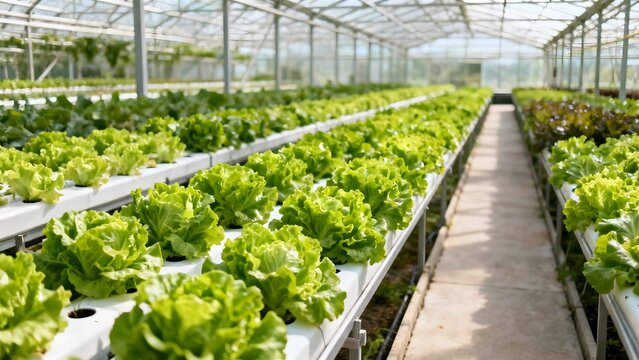 Modern Hydroponic Lettuce Greenhouse with Healthy Green Crops