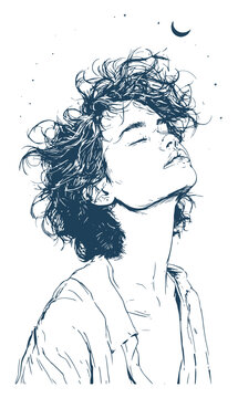 Monochrome sketch of a person with short curly hair tilting their head up towards a crescent moon and starry night sky, rendered in a dreamlike line art style on a clean white background.