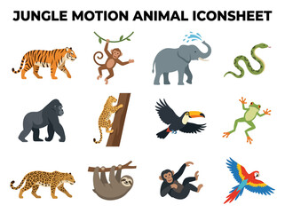 Obraz premium An iconsheet showing 12 jungle animal illustrations in flat colorful vector style arranged in a grid