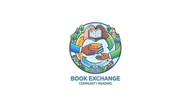 Book exchange community reading logo, diverse hands sharing books in a circular emblem, literary education and library donation concept illustration