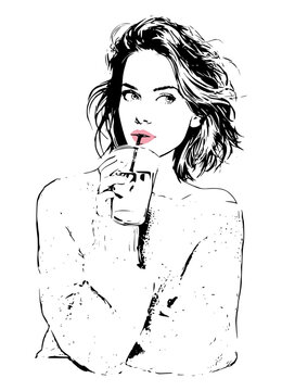 Hand drawn fashion illustration of a stylish young woman with wavy hair drinking iced coffee from a straw, minimalist black and white line art portrait with pink lip accent on white background.