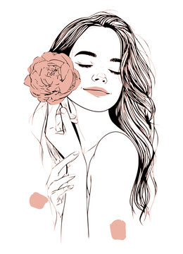 Ethereal line art illustration of a serene woman holding a soft pink rose flower against her cheek with eyes closed, gentle feminine sketch representing natural beauty, spa, and wellness.