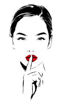 Minimalist vector fashion illustration of a beautiful woman placing her finger on vibrant red lips in a shh quiet gesture, classic black and white face sketch isolated on white background