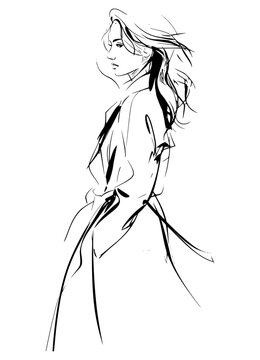 Dynamic line art sketch of a fashionable woman wearing an oversized trench coat with windblown hair, full body fashion illustration capture movement and contemporary high street style.