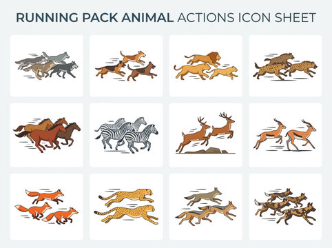 An icon sheet with twelve panels showing packs of various running animals including wolves dogs lions and deer