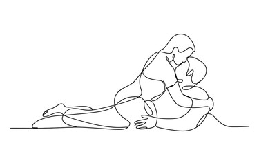Obraz premium Continuous single line drawing of a loving couple kissing and cuddling together