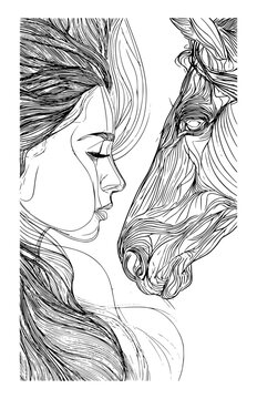 Detailed line art illustration showing an intimate moment between a woman with long wavy hair and a majestic horse, expressing trust, bond, and connection in a fine artistic sketch design.