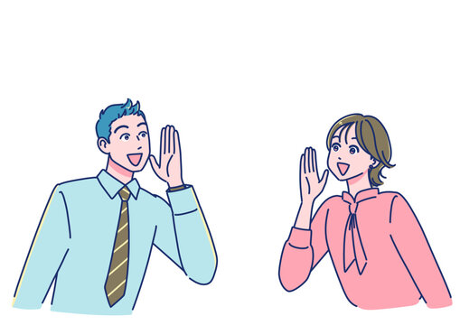 笑顔で声援を送るアニメ調の若い会社員たち