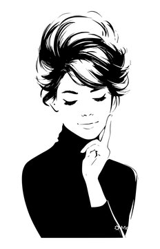 Minimalist black and white fashion illustration of a serene woman in a black turtleneck touching her cheek, featuring a chic retro updo hair style isolated on a clean white background.