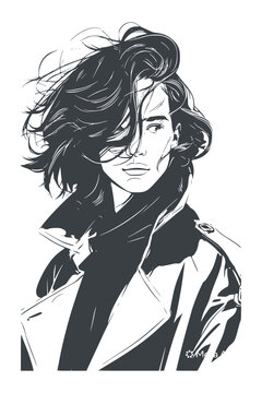 Dynamic black and white fashion illustration of a stylish woman with voluminous messy short hair wearing an autumn trench coat, modern hand-drawn vector art isolated on white background.