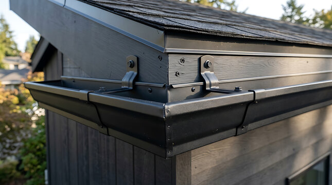 Close-up of a black metal roof gutter system installed on a modern wooden house with detailed fasteners and natural outdoor