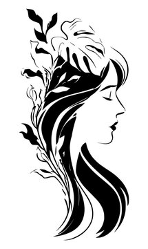 Serene line art vector portrait of a woman with closed eyes intertwined with tropical monstera leaves and botanical greenery, nature beauty, wellness, and self-care artwork concept.