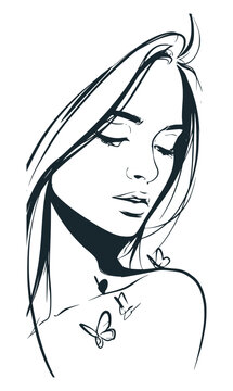 Delicate line art vector illustration of a serene young woman looking down with small butterflies resting on her shoulder and collarbone, peaceful natural beauty and transformation concept.