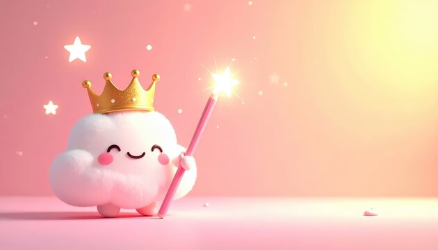 Cute 3D cloud character wearing a gold crown and holding a magic wand on a pink background with glowing stars and ample copy space for text