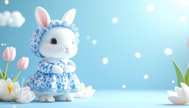 Adorable White Baby Bunny in Blue Floral Dress and Bonnet with Spring Flowers and Wide Copy Space on Light Blue Background