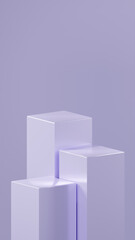 Fototapeta premium 3 cube podiums of different sizes on Lilac colors are arranged in front of a Lilac colored background. random metallic shiny cubes