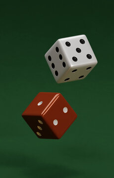 2 plastic dice floating through the air above a billiard table. White dice revealing faces with the numbers 4, 5, and 6. Brick dice show 1, 2, and 3