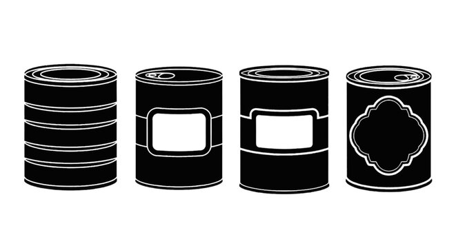 Vector illustration of set of four different tin cans with labels and ribbed texture on a transparent background