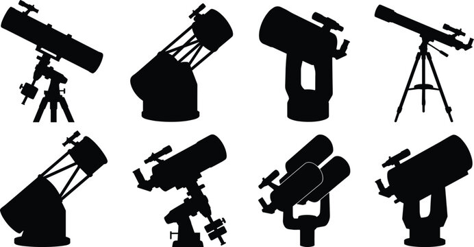 Astronomical Telescope Silhouette Collection with Reflector and Refractor Observatory Instruments Vector Set