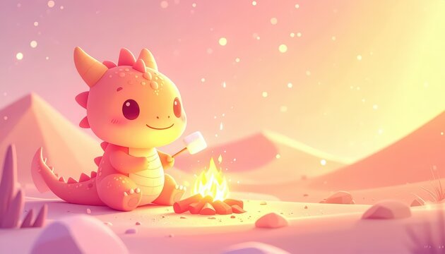 Adorable Baby Dragon Roasting a Marshmallow Over a Small Campfire in a Dreamy Pink Desert Landscape with Copy Space for Message