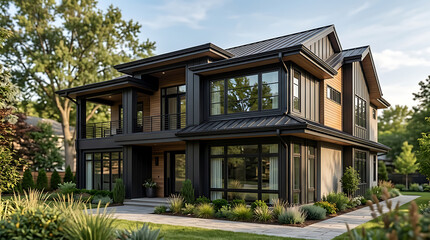 Fototapeta premium Modern two-story residential house with large glass windows and black metal roofing amidst lush greenery and landscaped garden
